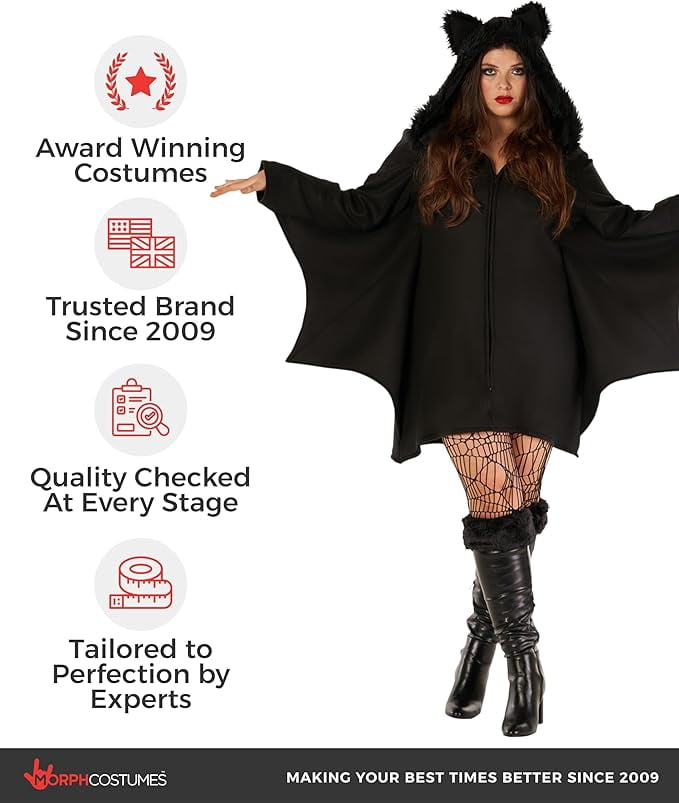 Morph Womens Bat Costume Wings Ladies Vampire Witch Halloween Fancy Dress Halloween Black 2XL