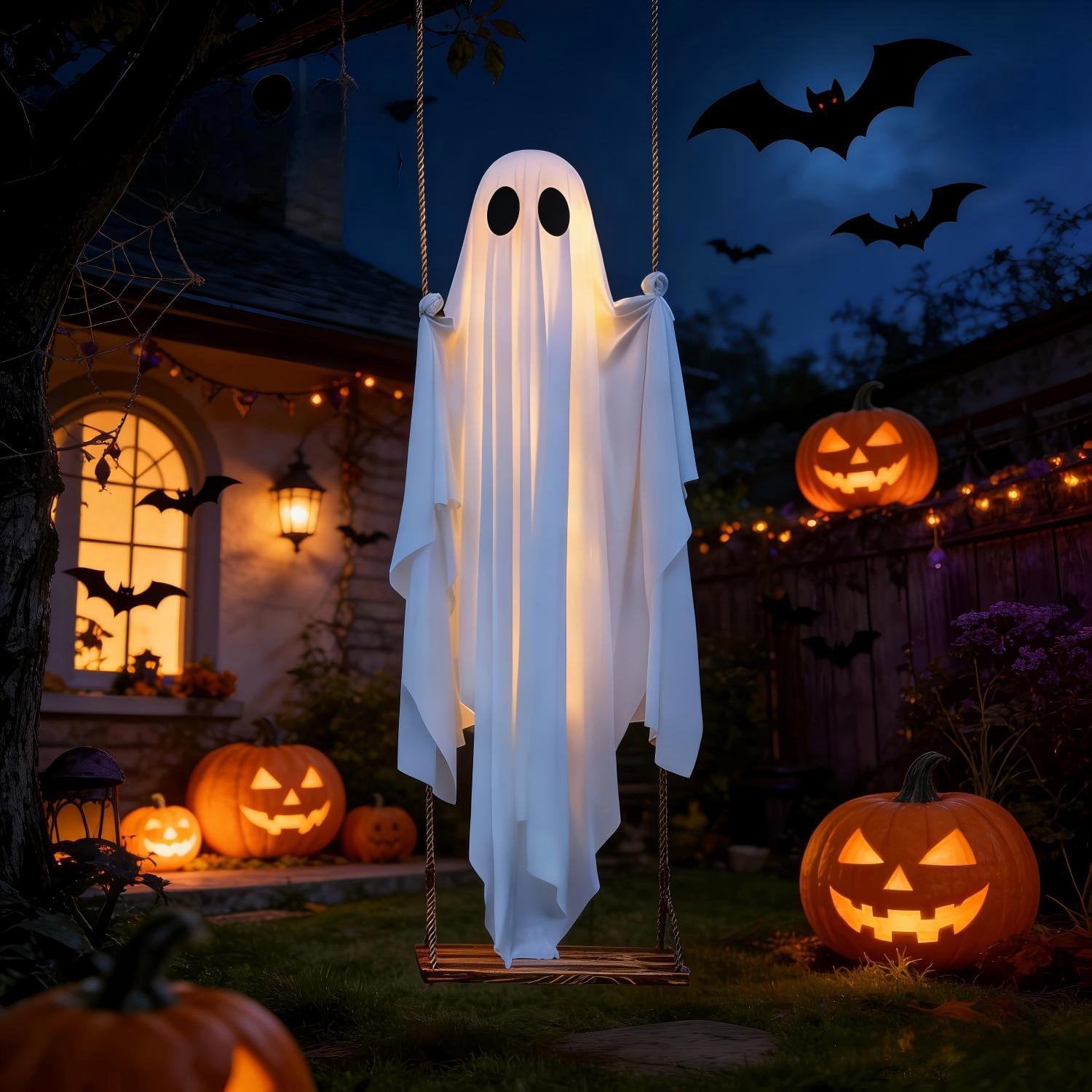 Clearance 5 FT Hanging Ghost Decor,Early Halloween Decorations Light-Up Flying Ghost on Broomstick with Witch Hat, Witch Broom, Spooky Cute Outdoor Halloween Decorations for Front Porch Yard Tree
