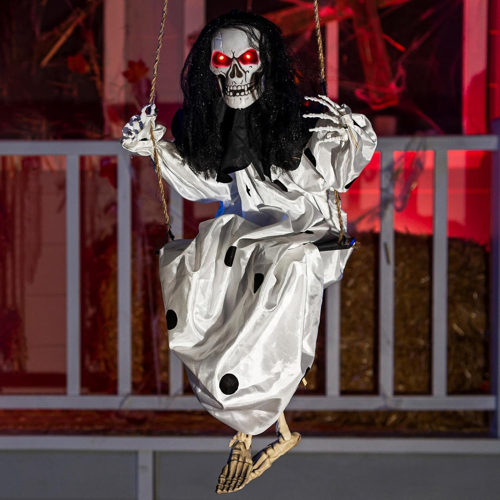Joyfy 3 FT Halloween Hanging Swinging Skeleton,Light Up Creepy Grim Reaper with Black Hood Decorations for Halloween Hanging Decorations Indoor Outdoor Yard Home Decorations