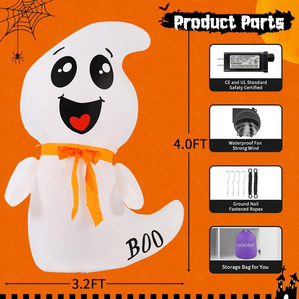 GOOSH Halloween Inflatables 4 FT Inflatable Ghost with Built-in LED Lights, Cute Ghost Blow up Halloween Decoration, Outdoor Halloween Decorations Blow up Ghost for Halloween Party Indoor Outdoor