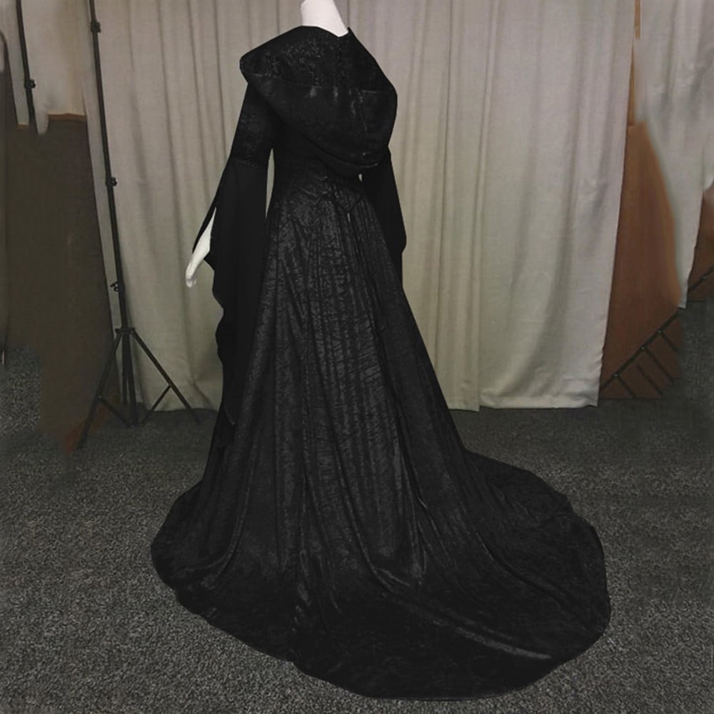 Women Gothic Cold Shoulder Midi Dress, Sheer Flare Bell Sleeve Front Corset Irregular Witch Costume Dress, Adult Halloween Dark Aesthetic Vintage Formal Evening Cosplay Party Outfit(Navy-2/M)