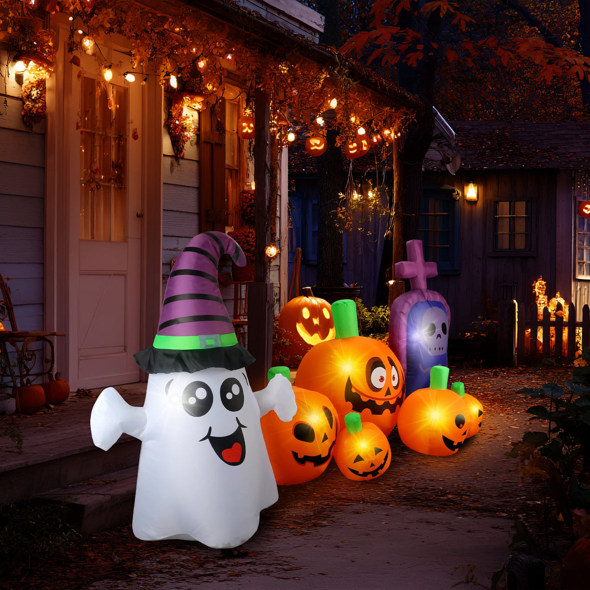 MAGOTAN 9 FT Halloween Inflatables Archway Outdoor Decorations Pumpkin Ghost Archway Halloween Inflatable Blow Up Pumpkin Tombstone Decoration Build-in LED Lights