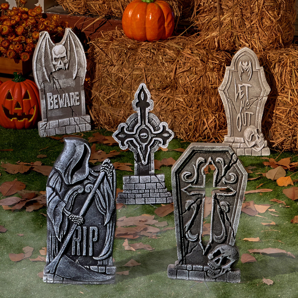 Joyfy 17" Halloween 5 Pack Tombstone Decorations, Foam RIP Graveyard Signs Cemetery Headstones Scary Outdoor Indoor Halloween Decor with 12 Metal Stakes for Easy Set Up, Waterproof for Garden Lawn