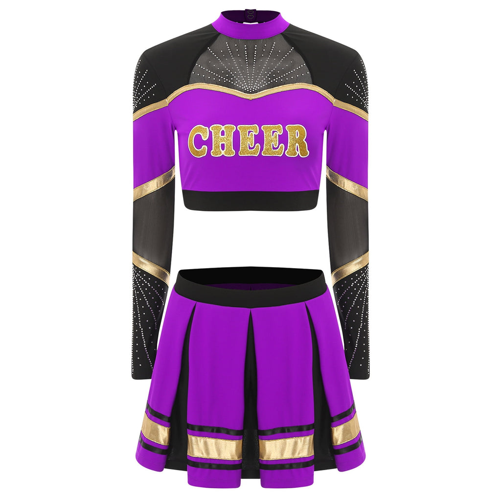 TiaoBug Women Cheer Leader Uniform Dance Cheerleading Costume Long Sleeve Crop Top with Mini Skirt White S