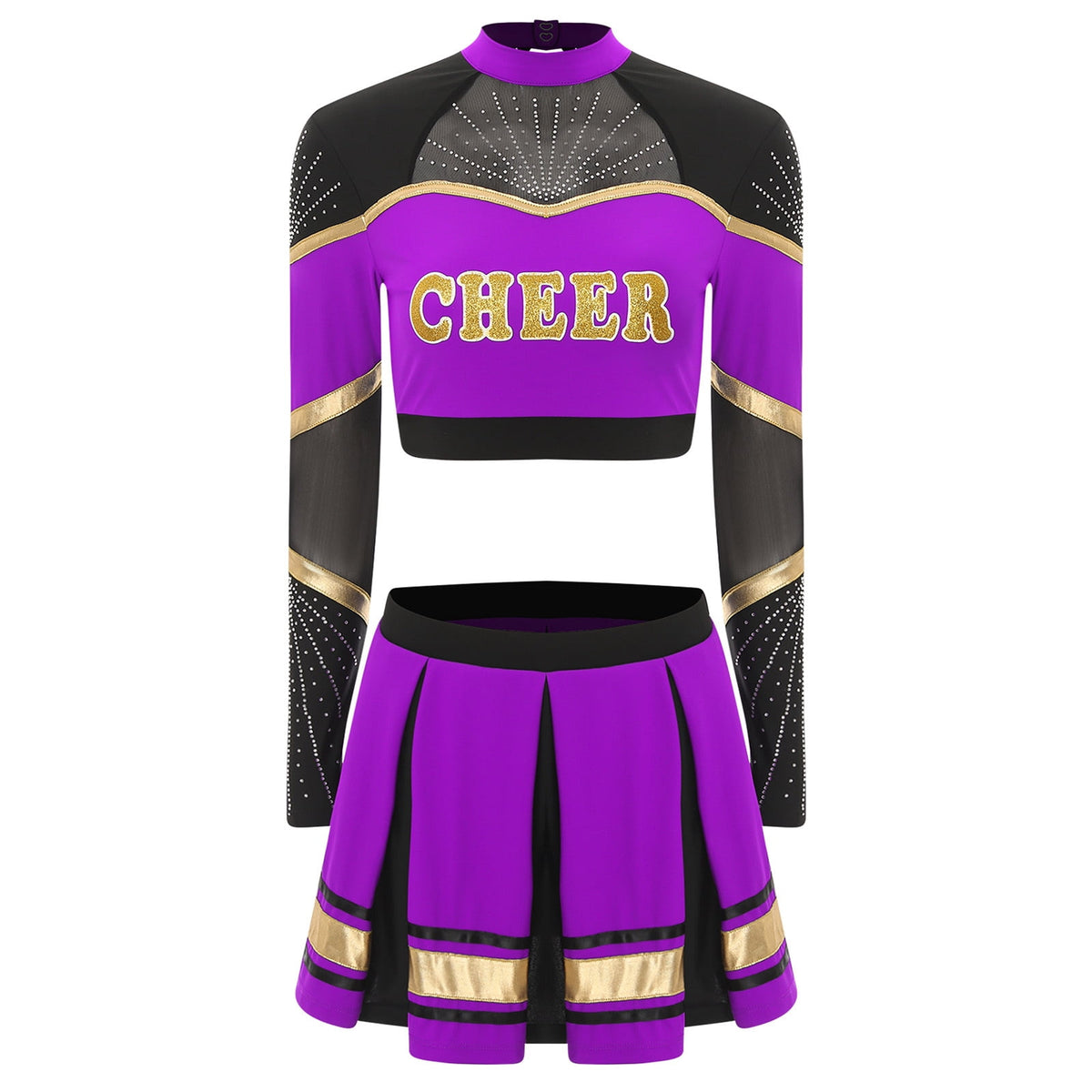 TiaoBug Women Cheer Leader Uniform Dance Cheerleading Costume Long Sleeve Crop Top with Mini Skirt White S
