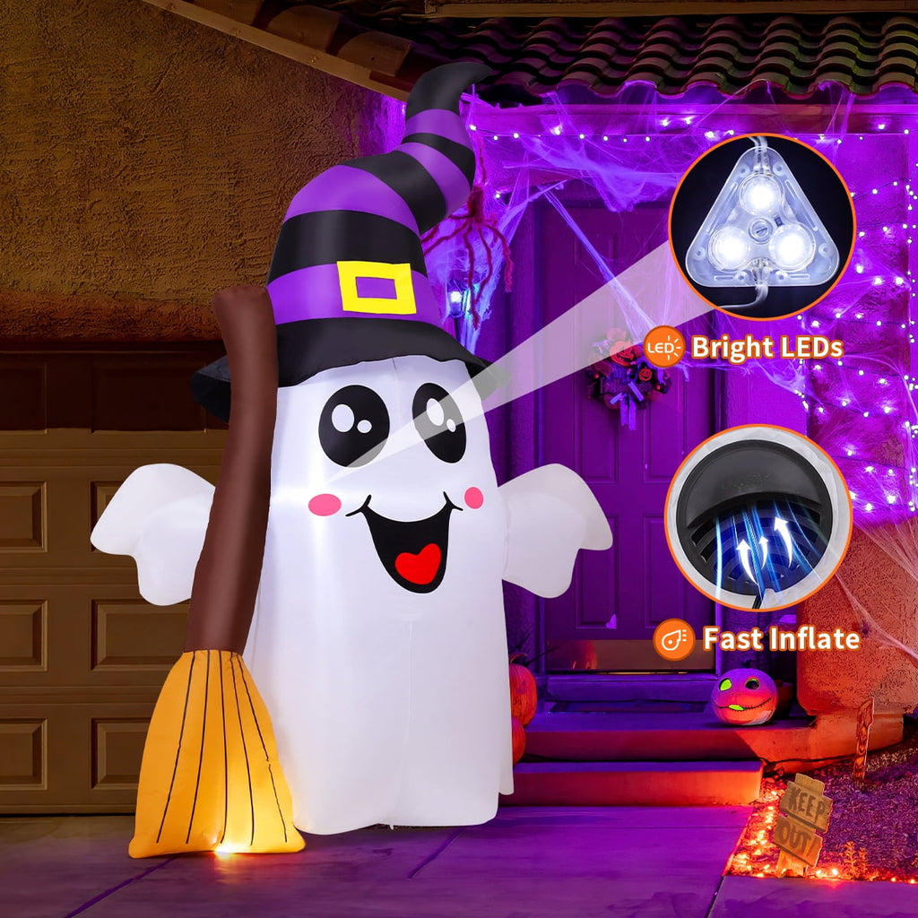 GOOSH Halloween Inflatables 6 FT Halloween Ghost Inflatable Grasping Broom with LED Lights, Blow up Ghost Cute Inflatable Ghost, Outdoor Halloween Decorations for Holiday Party Indoor Outdoor