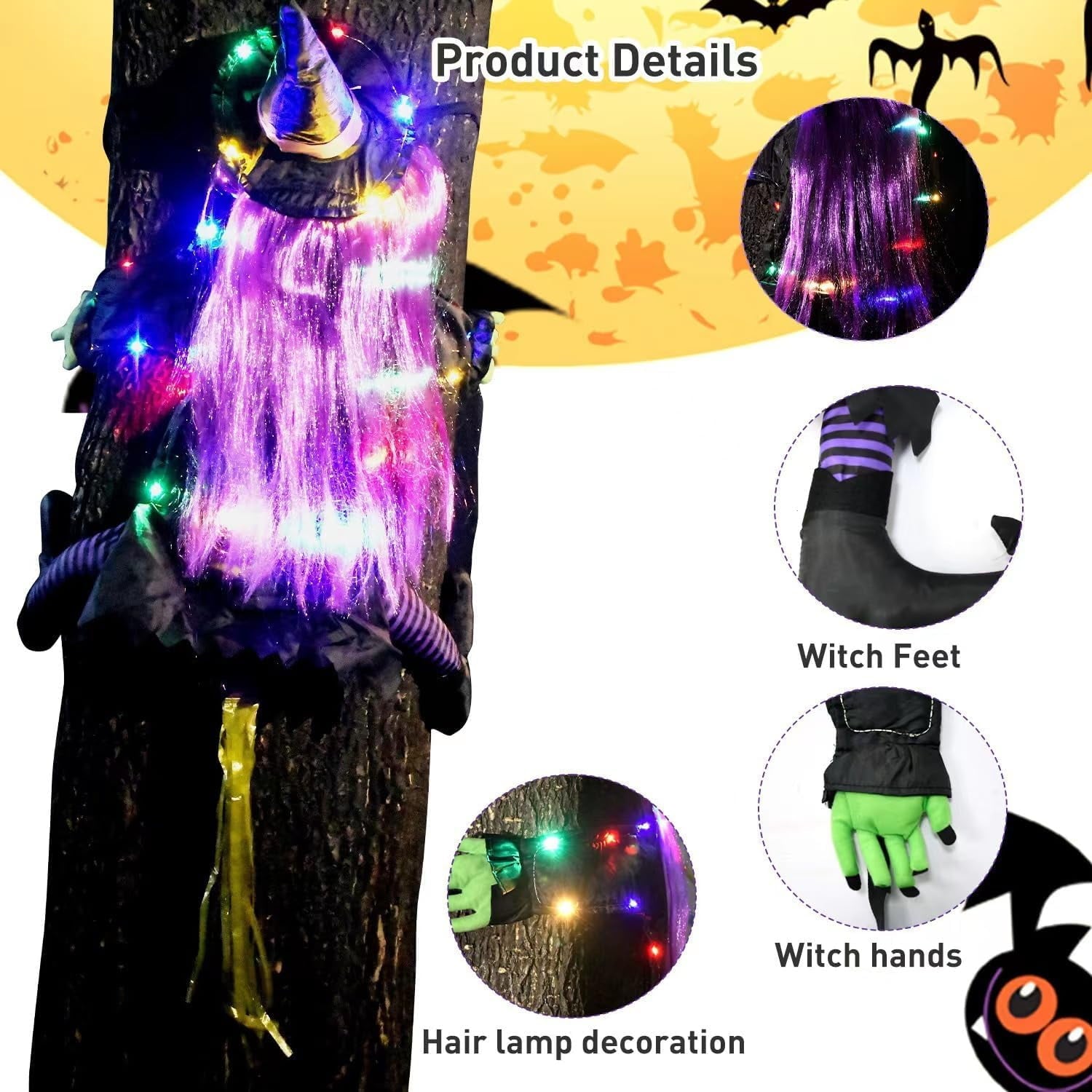 DAKIMOE Halloween Decoration Outdoor Witches Crashing Into Tree with Colorful LED Lights Crashed Witch Props Halloween Hanging Decorations for Indoor House Outdoor Yard Patio Decor 44''x33'' Orange