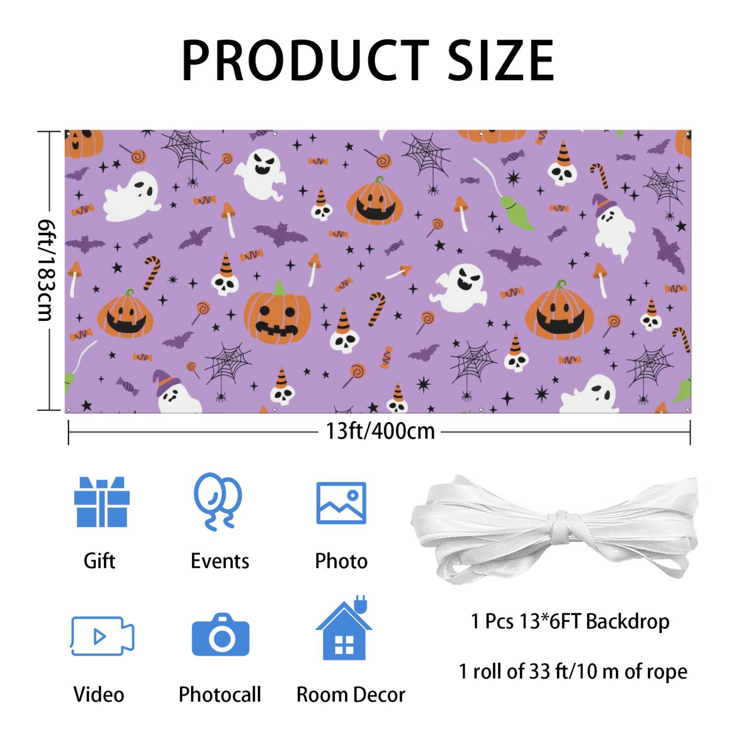 Halloween Garage Door Cover - 13x6ft Spooky Ghost Pumpkin Skull Witch Black Cat Polyester Backdrop for Outdoor Decor