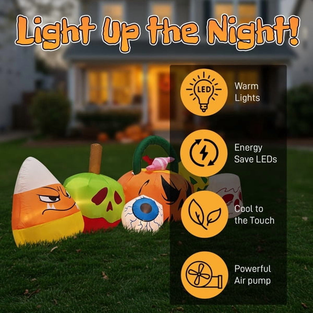Alvantor 8 ft Long Halloween Inflatable Pumpkin Candy Display with Eyeball and 7 Warm White LED Lights