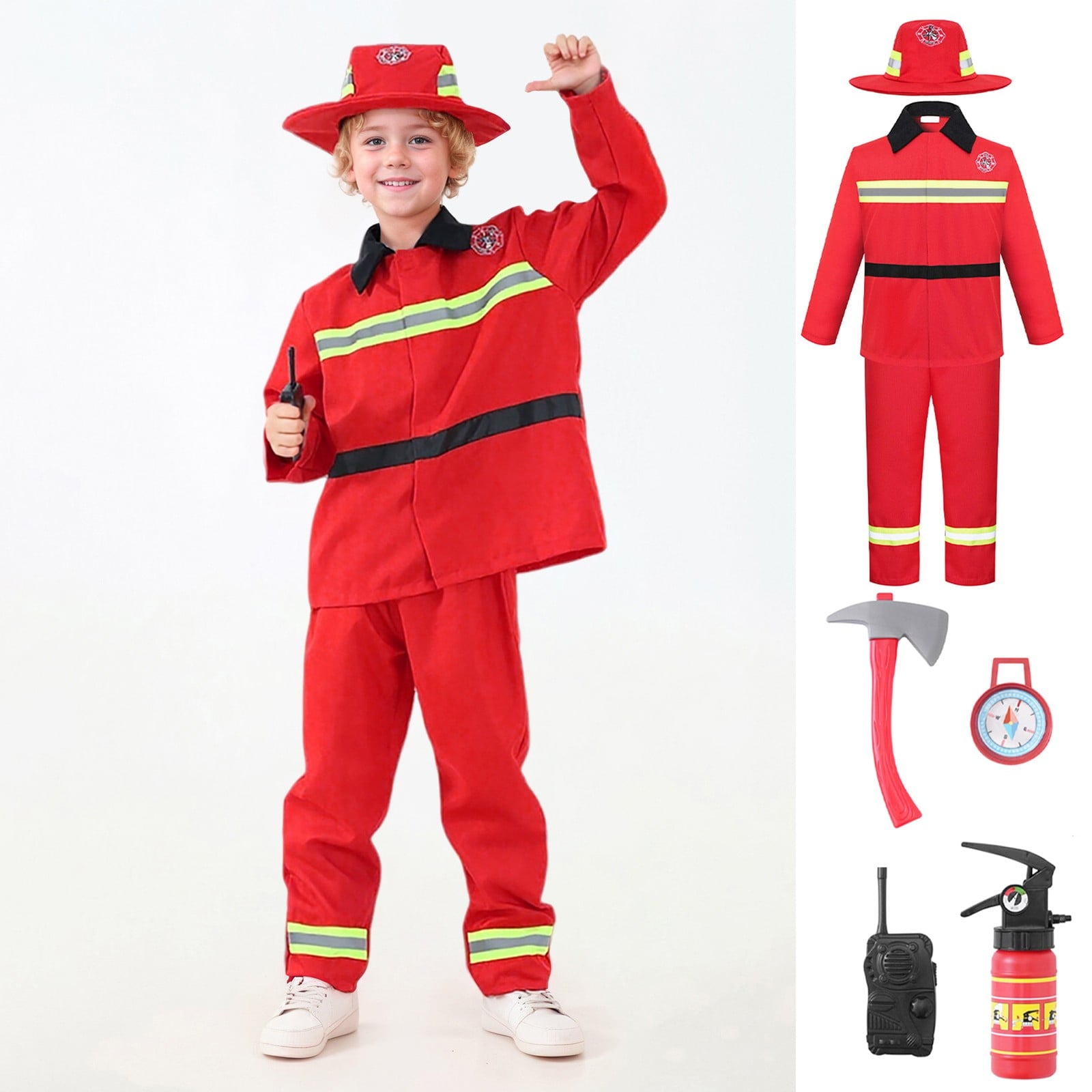 LIIPEE Boys Fireman Costumes Kids Fancy Dress Up With Accessories Clothes 7 Piece Party Outfits,18-24 Months