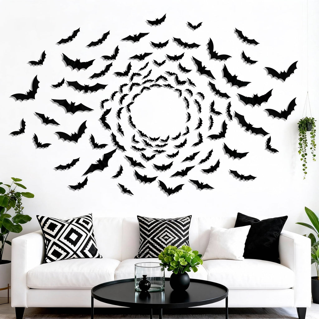 PChero 48Pcs Halloween Bats Wall Decor with 12 Color Changing Lights, 3D Light up Bats with Remote Timer, 10 Different Size PET LED Bat Wall Stickers for Bedroom Window Spooky Decor Home Decals
