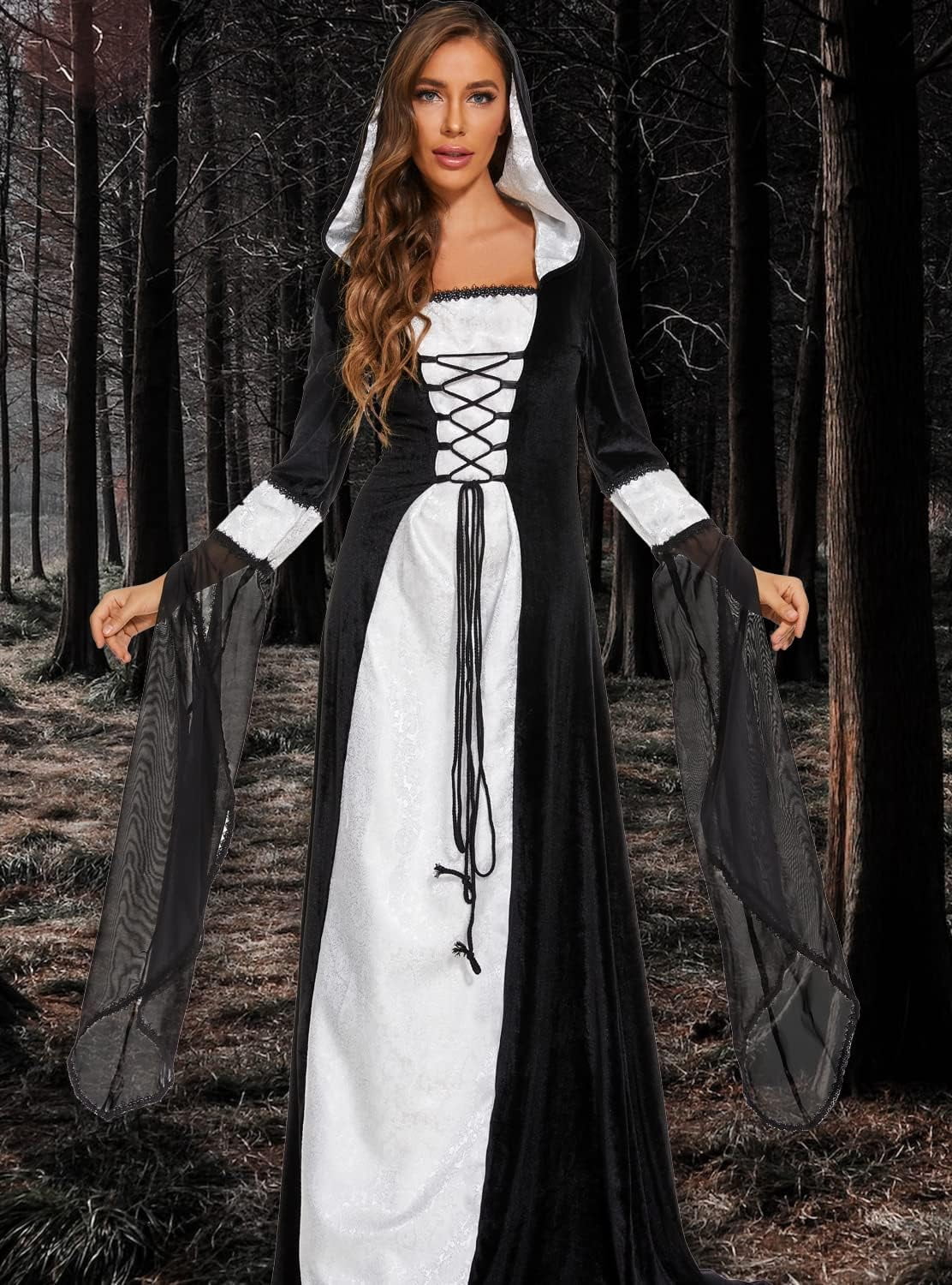 Halloween Witch Costume Women, Deluxe Witch Dress Costume, Vintage Embroidered Renaissance Gothic Hooded Vampire Gown Dress Cosplay Costumes Red S