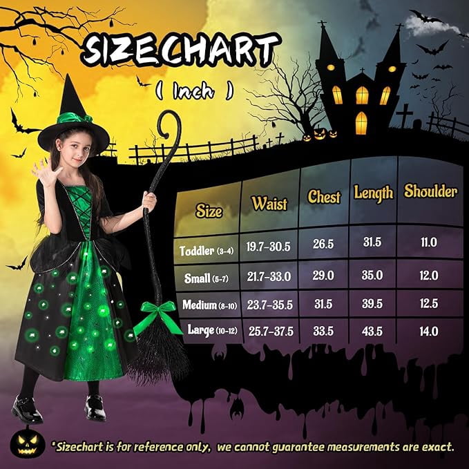 Girls Witch Halloween Costumes, Light Up Halloween Witch Dress with Broom and Hat for Kids Cosplay Party 5-7 Years