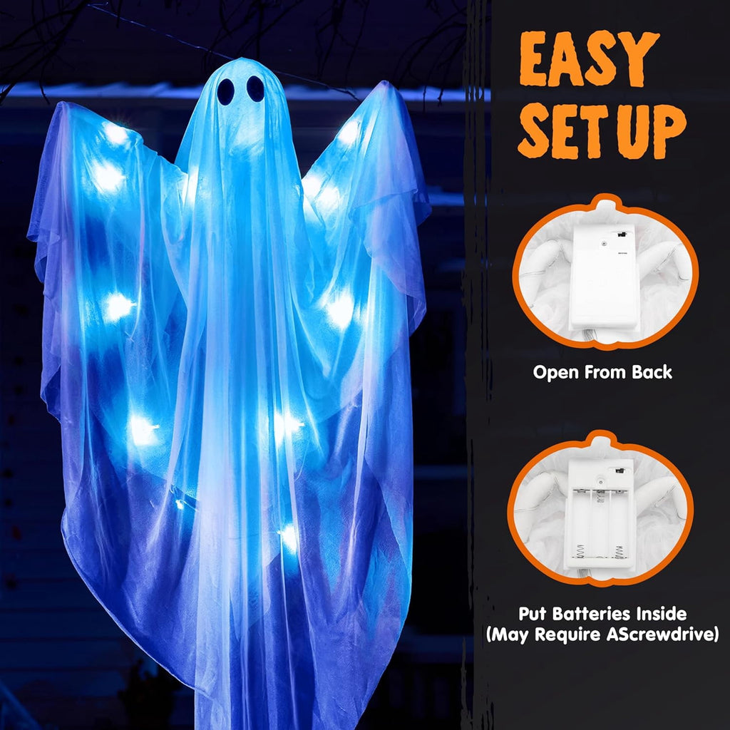 Joyfy 47" Halloween Hanging Light up Ghost Decorations Outdoor,White Ghosts with Blue LED Light and Timer Halloween Hanging Decoration Waterproof for Front Yard Patio Lawn