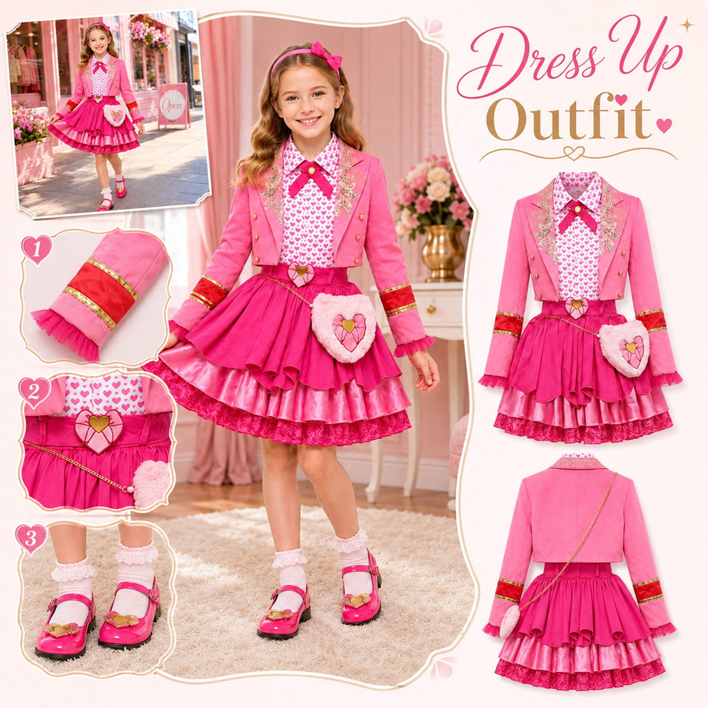 Guvpev G'irls Halloween Princess Costume, Pink Princess Dress Full Set with Heart Print Jacket, Shirt, Layered Skirt & Fuzzy Bag, Halloween Cosplay Outfits for Birthday Party & Fancy Dress Up