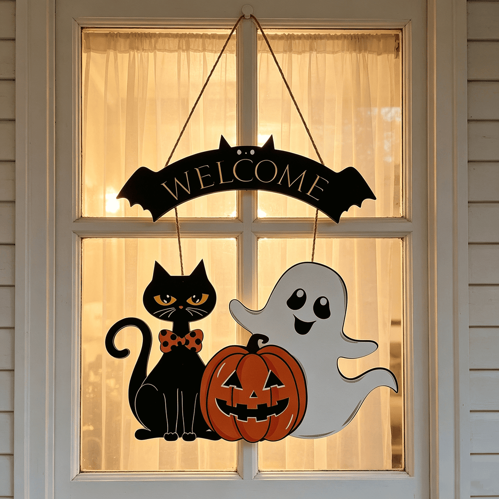 Halloween Decoration Wooden Ghost Door Halloween Wreath for Front Door Sign Hanging Indoor Outdoor Spooky Wreath for Home Wall Porch Party Decor