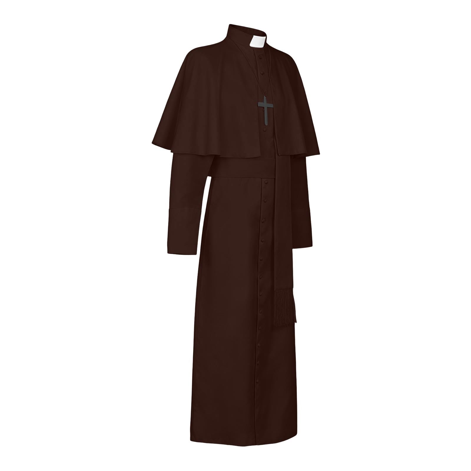 JOANKDMI Catholic Priest Costume for Men Clergy Cassock Robe with Capelet and Sash Halloween Party Outfit Religious Father Minister Fancy Dress for Men