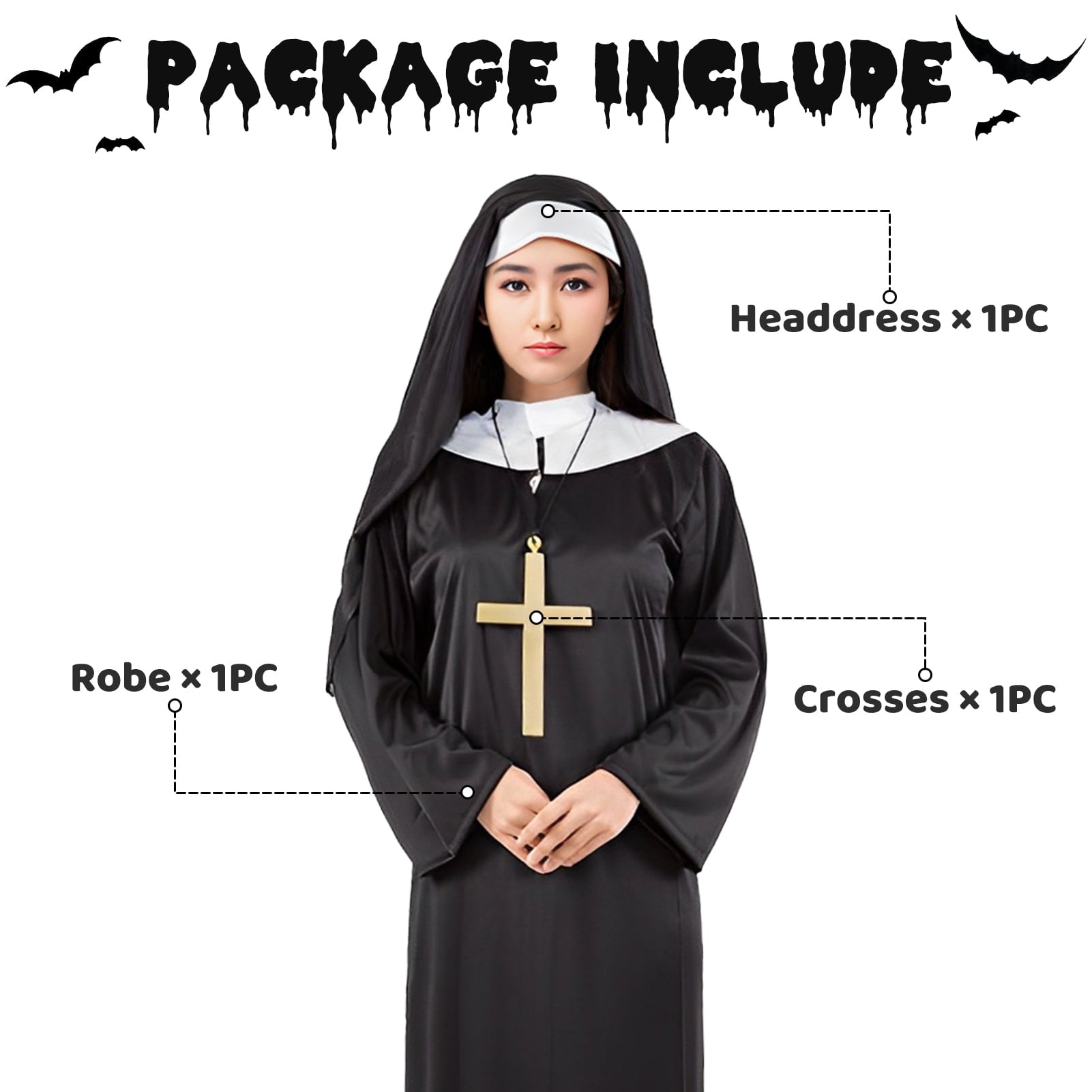 Alaiyaky Nun Costume for Women, Nun Outfit Women, Halloween Costume with Hood and Necklace for Halloween, Carnival, Cosplay