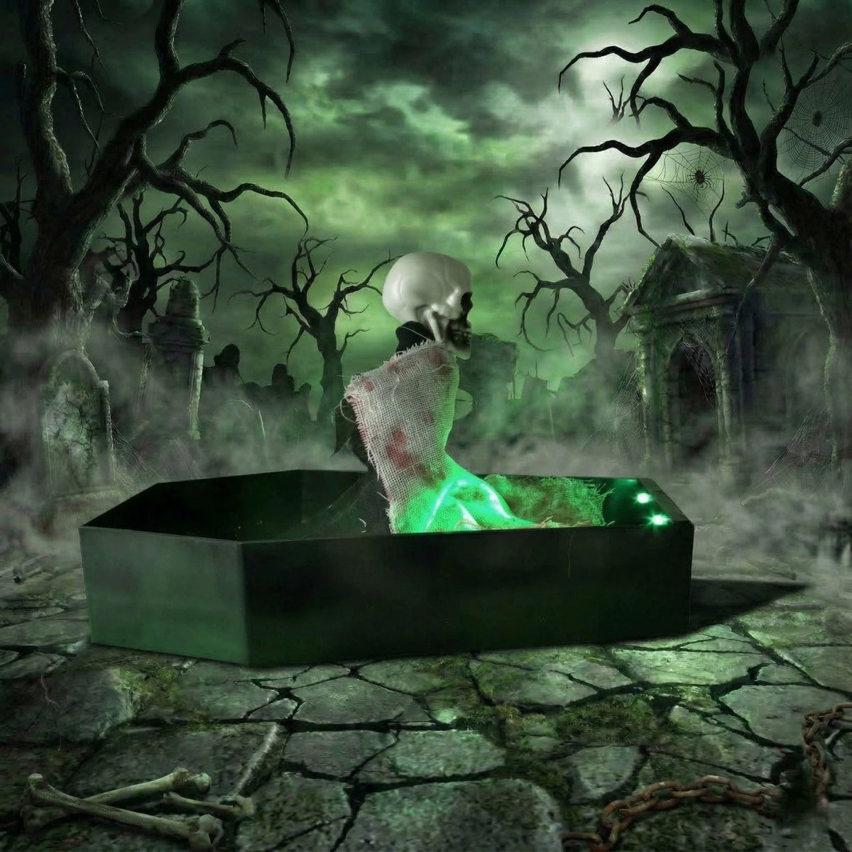 Animated Skeleton Coffin Decoration, Voice Activated Rising Skull Prop With Green Light Spooky Sound Effect, Halloween Party Prank Decor for Home Yard Event