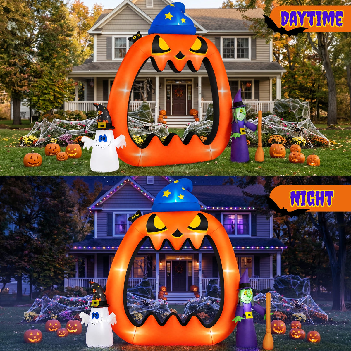 Firstness 8.2ft Halloween Inflatable Pumpkins Photo Door with Ghost Witch Yard Party Outdoor Decorations with LED Lights