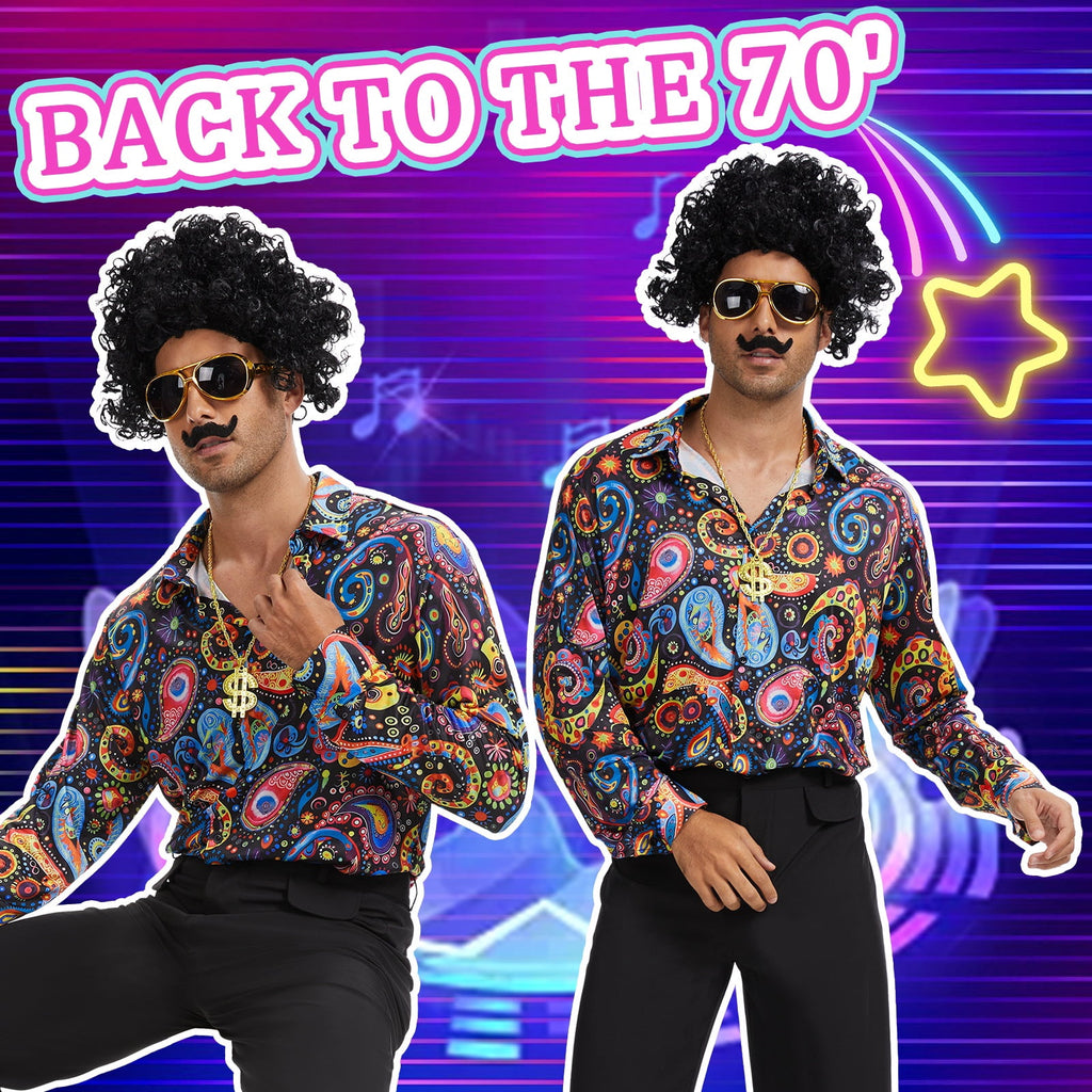 MYATED 70s Disco Costume for Men 6 Pcs Dance Bell Bottom Pants Retro Shirts Wigs Sunglasses Necklace Shirts for Disco Party (Black,L)