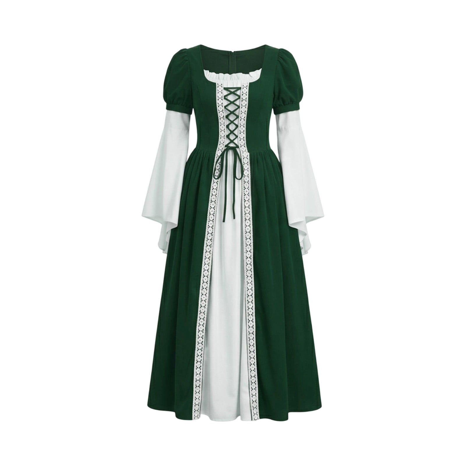 Hurxie Renaissance Costume Women Peasant Medieval Dress Maxi Fairy Dresses with Bell Sleeve Vintage Ren Faire Outfit