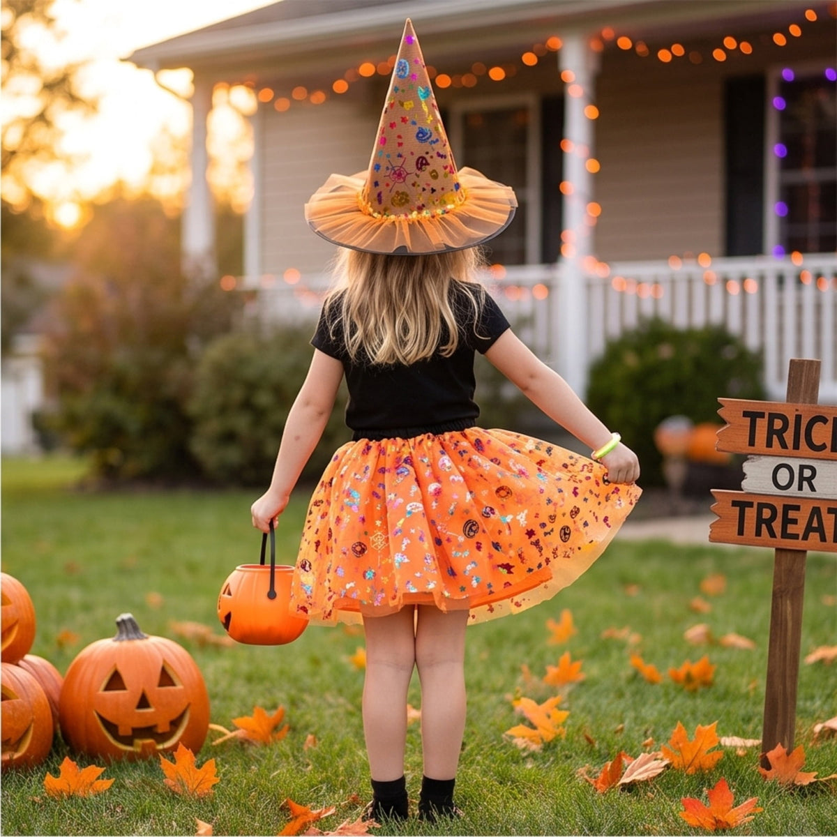 choiix Witch Tutu Skirt and Hat Set with Broomstick Halloween Costume Outfit with Printed Tulle Skirt and Witch Hat Cosplay Outfit for Party 100