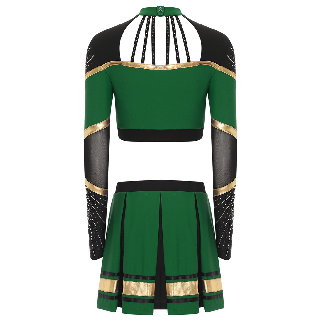 TiaoBug Women Cheer Leader Uniform Dance Cheerleading Costume Long Sleeve Crop Top with Mini Skirt White S