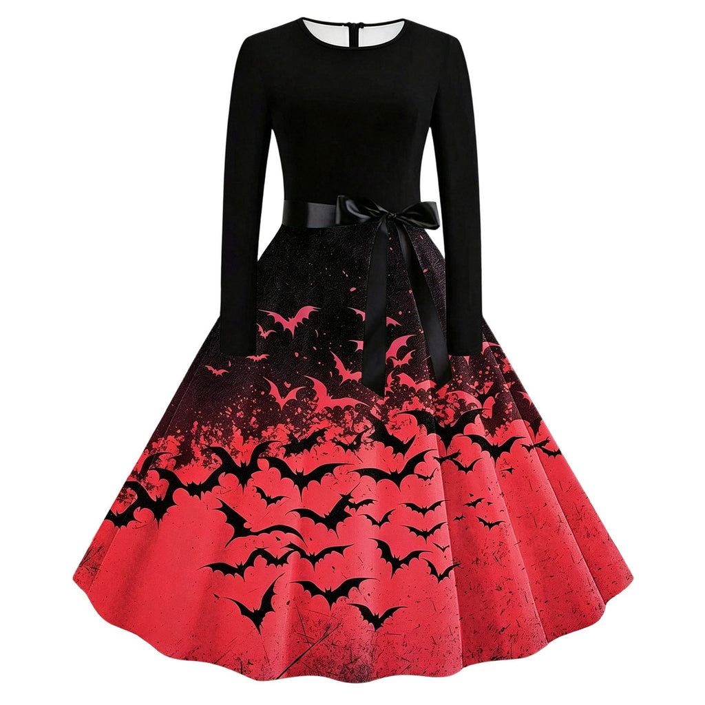 Women's Vintage Halloween Bat Print Swing Dress Long Sleeve 1950s Retro A-Line Midi Dresses with Satin Sash Belt for Gothic Cosplay Evening Prom Party