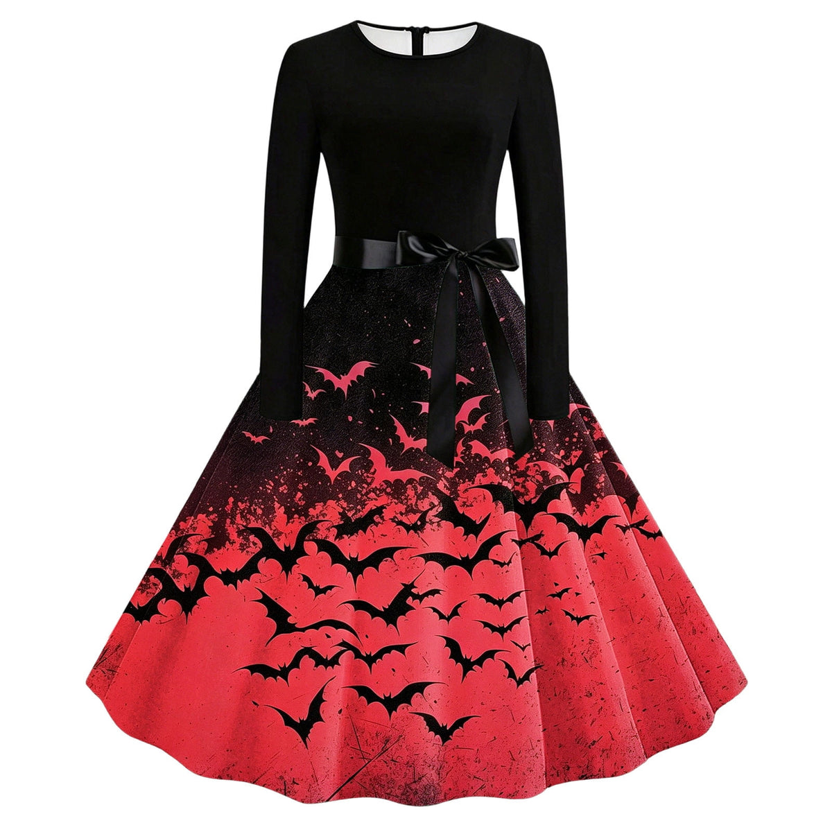 Women's Vintage Halloween Bat Print Swing Dress Long Sleeve 1950s Retro A-Line Midi Dresses with Satin Sash Belt for Gothic Cosplay Evening Prom Party