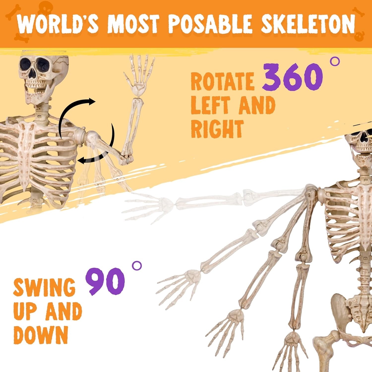 Joyfy 24 Inch Halloween Skeleton Decor with LED Light Eyes,Posable Skeleton Halloween Prop Full Body with Movable Joints for Haunted House Indoor Outdoor Decoration Spooky Decor