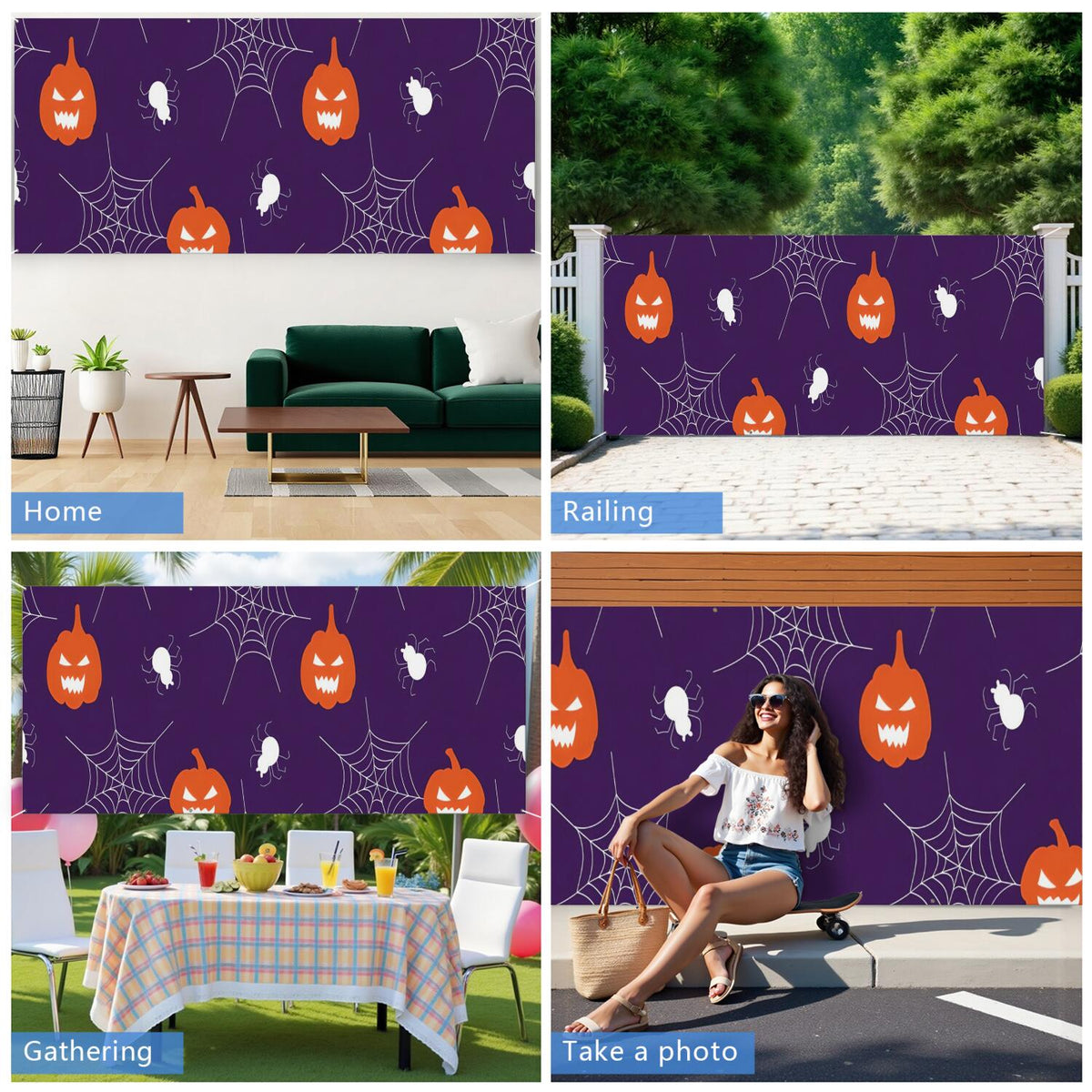 Halloween Garage Door Cover - 13x6ft Spooky Ghost Pumpkin Skull Witch Black Cat Polyester Backdrop for Outdoor Decor