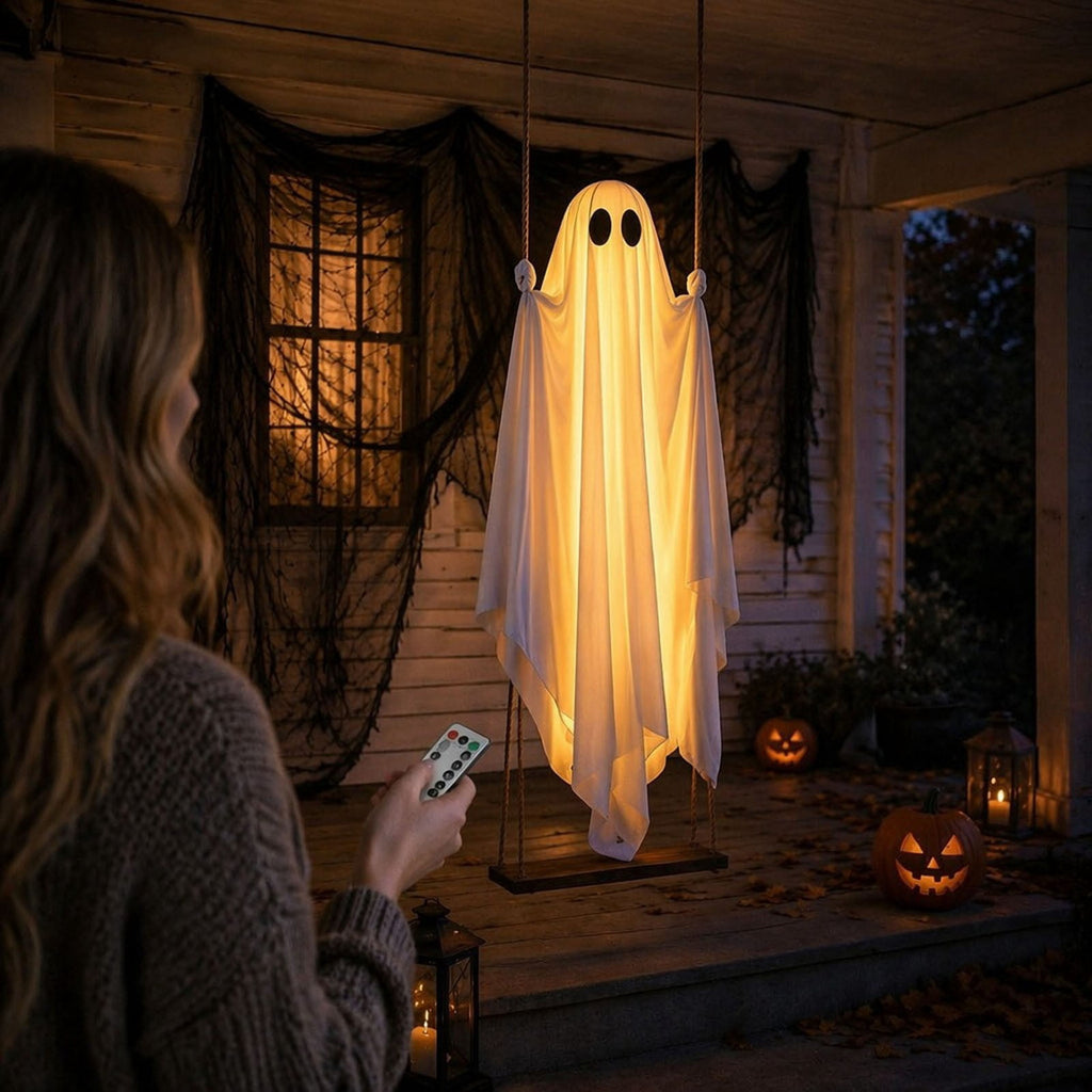 Clearance! Lighted Swing Ghost with Wooden Board, 45" Halloween Decorations Outdoor, Spooky Cute Ghosts Decorations for Front Porch Yard Tree