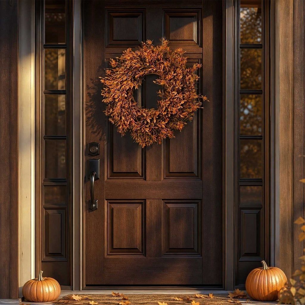 OKKVV Artificial Orange Fall Leaf Front Door Wreath, Rustic Autumn Foliage Twig Wreath, Harvest Thanksgiving Halloween Farm Window Wall Hanging Decor