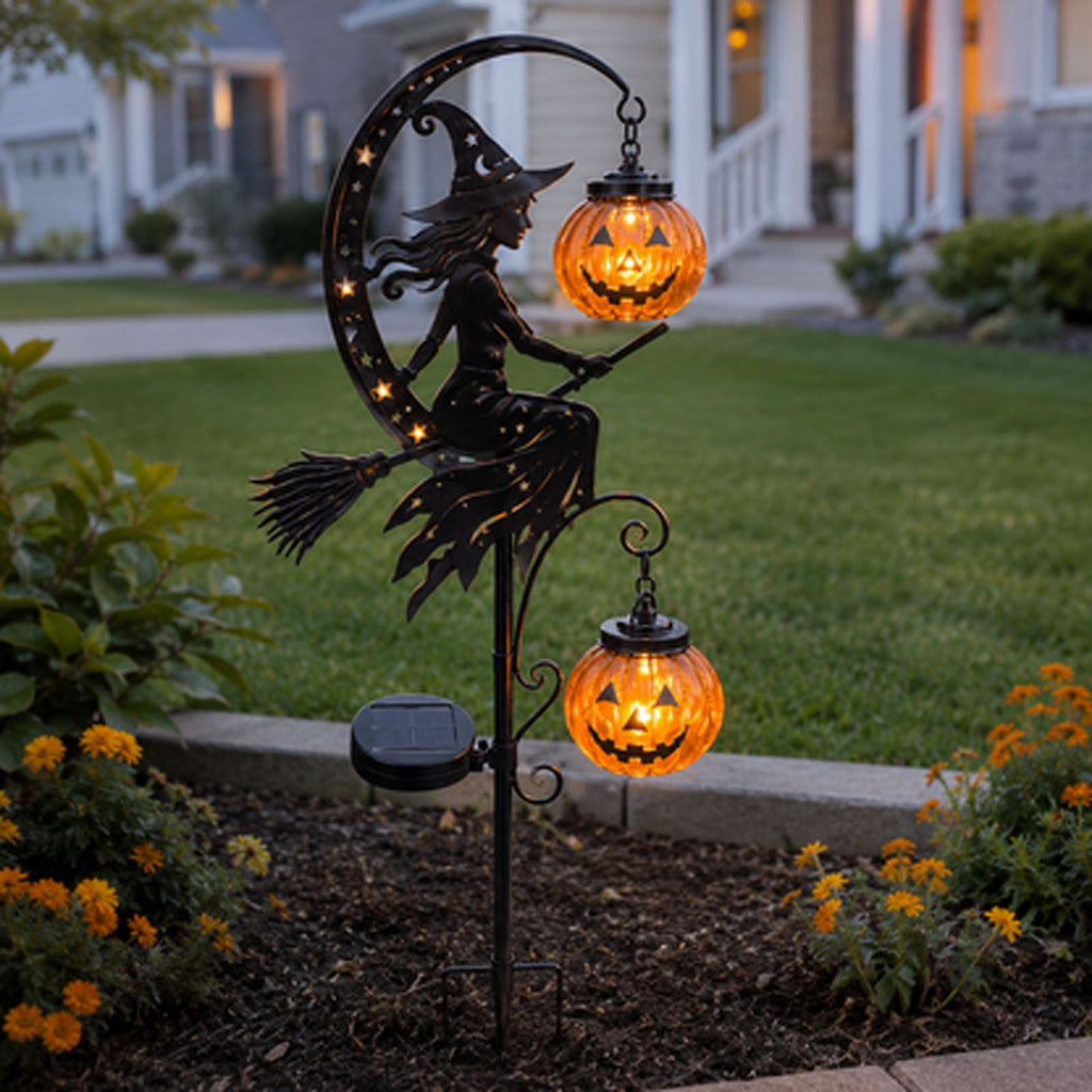 Halloween Crescent Moon Pumpkin Solar Stake Light, Star Hollow Cutout Ground Lamp, Anti Rust Halloween Decorations Party for Yard Walkway black