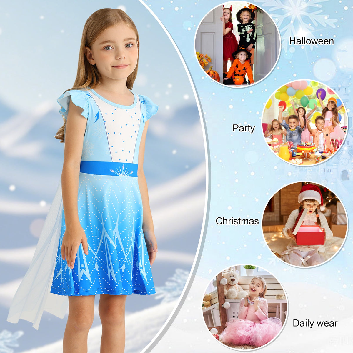 Benylion Girls Ice Princess Dress Halloween Cosplay Costumes With Tulle Cape Kids Birthday Party Dress up Outfit for 7-8 Years