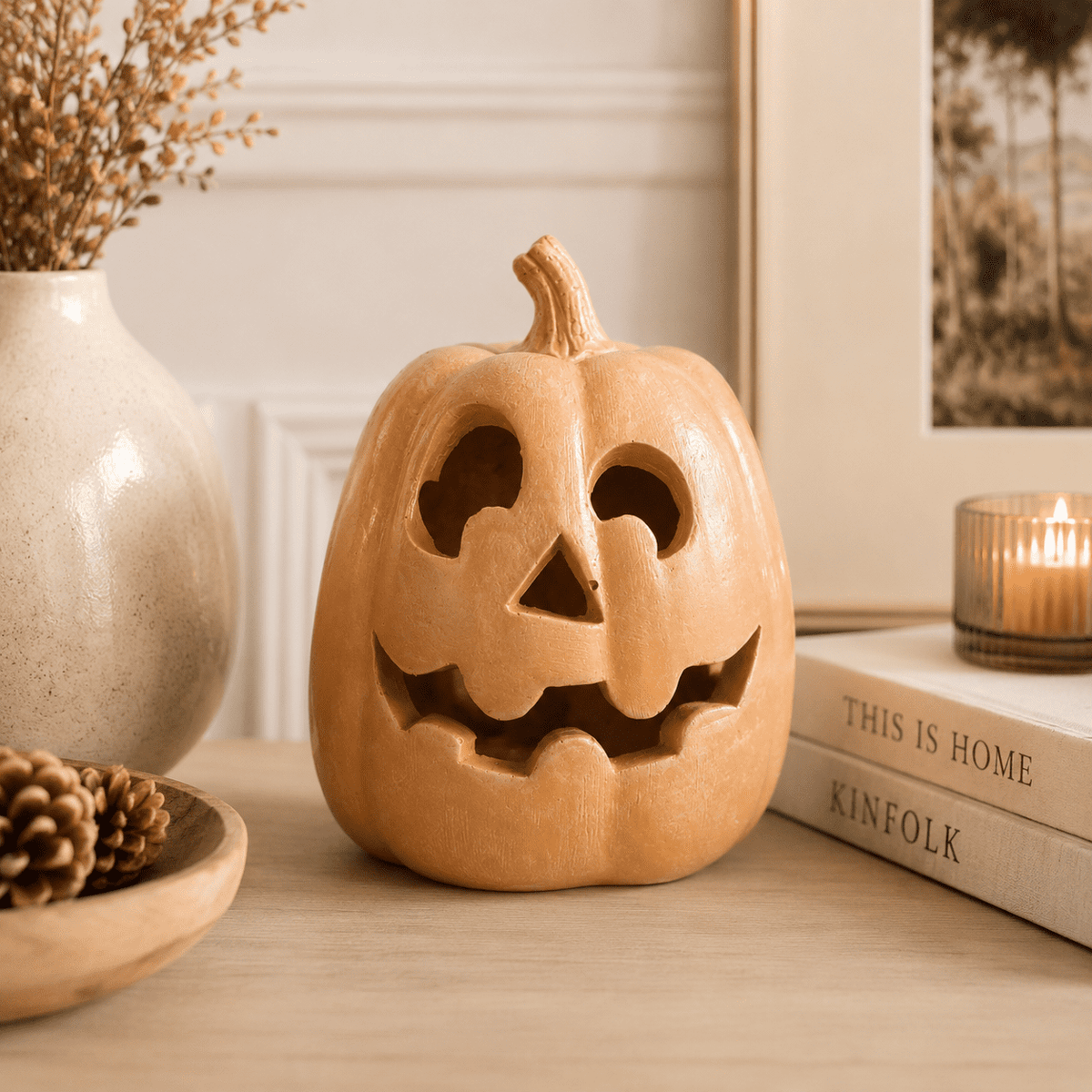 Halloween Handcrafted Jack-O'-Lantern, 5.5" Hand-Carved Pumpkin Decor, Durable Kiln-Fired Autumn Halloween Centerpiece for Indoor Tabletop, Mantle & Fall Home Decoration 2026