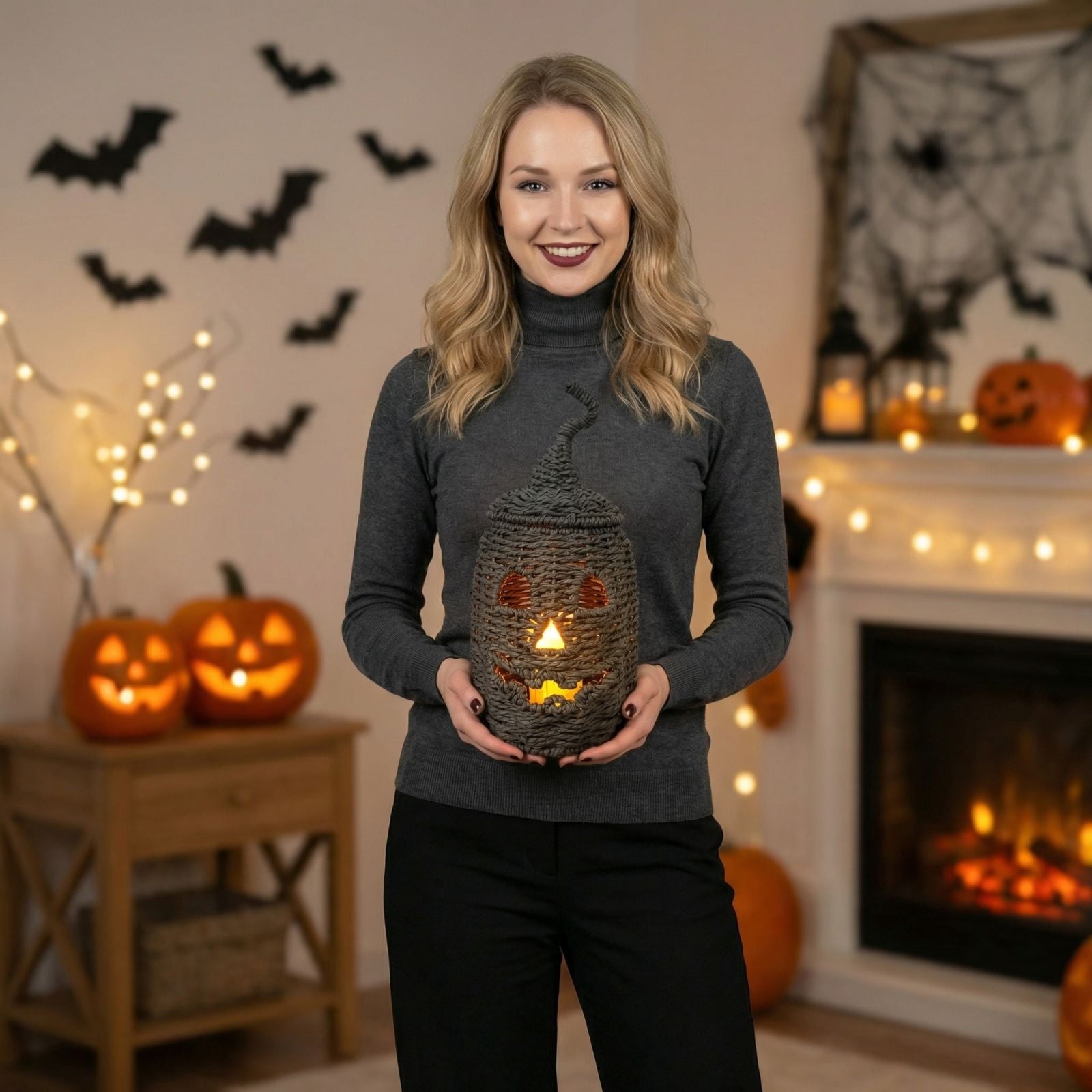 2026 Halloween Black Woven Seagrass Pumpkin Storage Basket with Lid, Fall Indoor Home Decorations for Halloween Party Home Halloween Decor, 10.2 inch