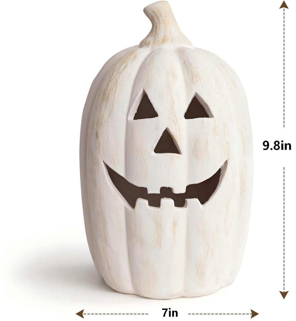 Fall Decorations for Home - Halloween Decor Indoor - 7.87" H White Handmade Resin Pumpkin Jack O' Lantern with Flameless Candle - Outdoor Decoration for Front Door Porch Mantel Kitchen Living Room