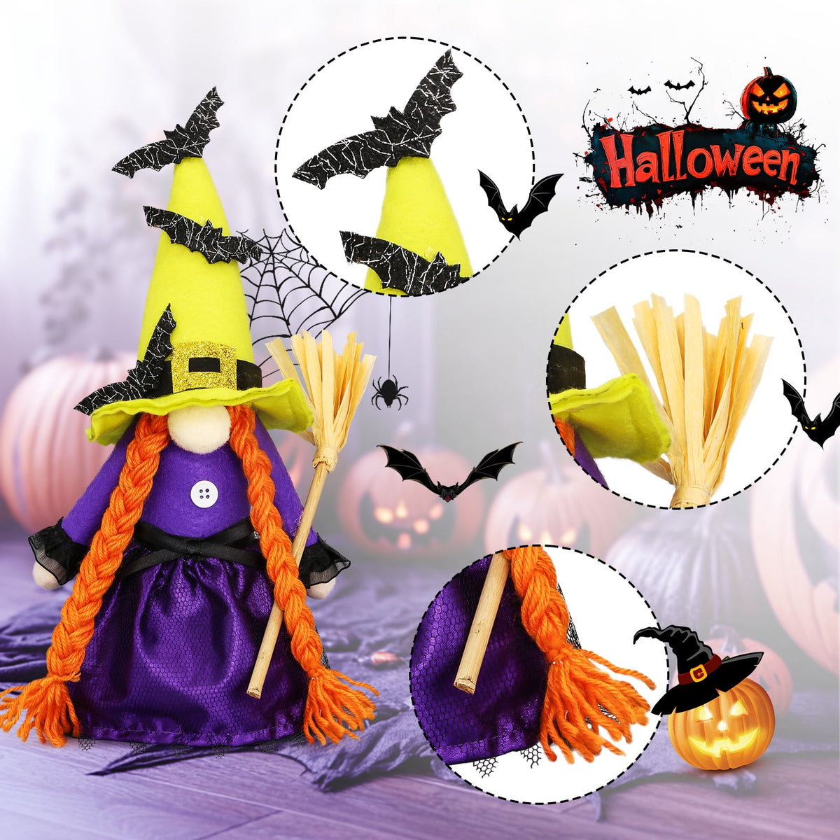 Molumo Halloween Gnomes Decorations Indoor, 3 Packs Handmade Cute Witch Hocus Pocus Halloween Decorations for Home, Office, Party, Funny Halloween Gifts