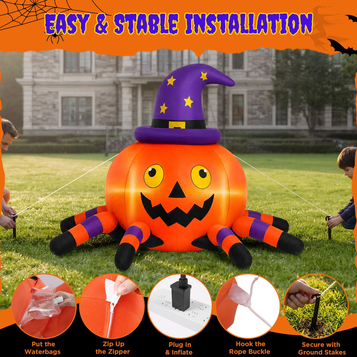 Firstness 6.2FT Halloween Inflatable Decorations Pumpkin Spider with LED Lights, Halloween Blow Ups for Yard Party