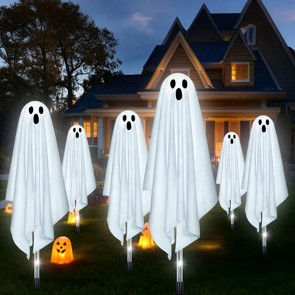 Qoosea Halloween Decorations Outdoor, 6 pack Light up Spooky Ghosts with 8 Modes LED Light - Scary Standing Ghosts Decor for Front Door Porch Yard Home Party