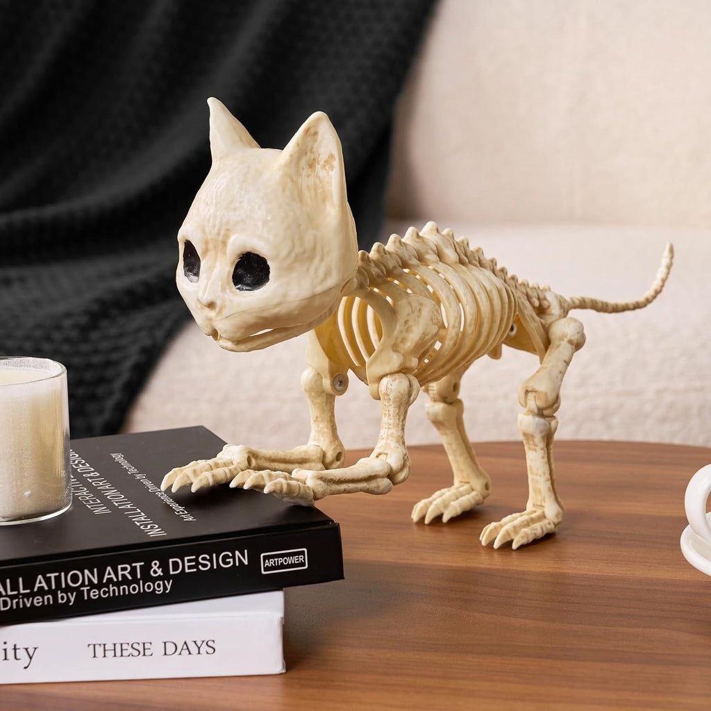 Joyfy 2 Pcs Cat Skeleton Halloween Decoration,7 Inch Posable Plastic Animals Halloween Skeleton for Indoor Outdoor Halloween Decorations,Haunted House Party Props