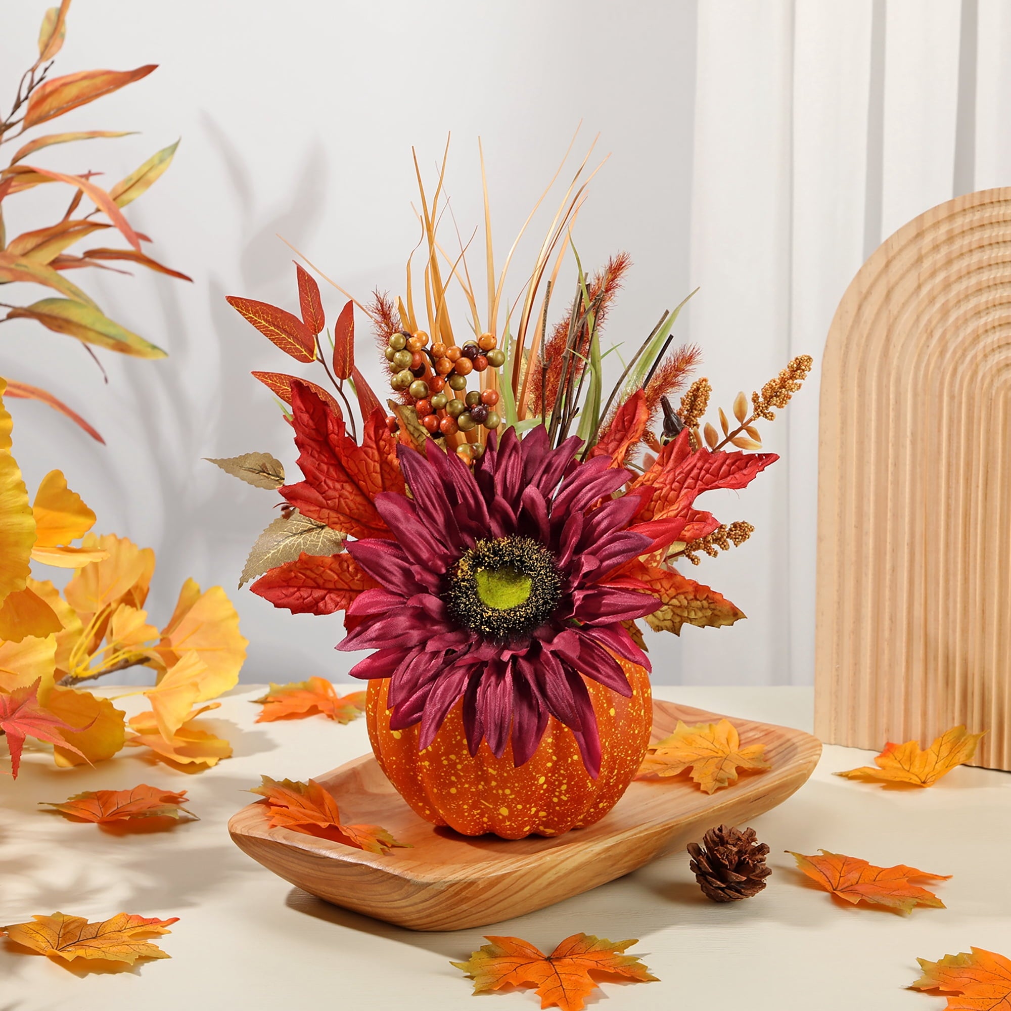 Briful 12.9"Artificial Pumpkin Floral Arrangement with Orange Sunflowers Leaves Fall Table Centerpiece for Harvest Autumn Décor