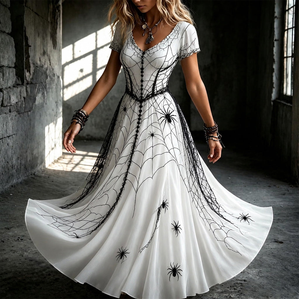 KICILVS Gothic Clothes For Women Black Spiderweb And Spider Print Flowing V Neck Long Maxi Dress Halloween Cosplay Gothic Party Dress