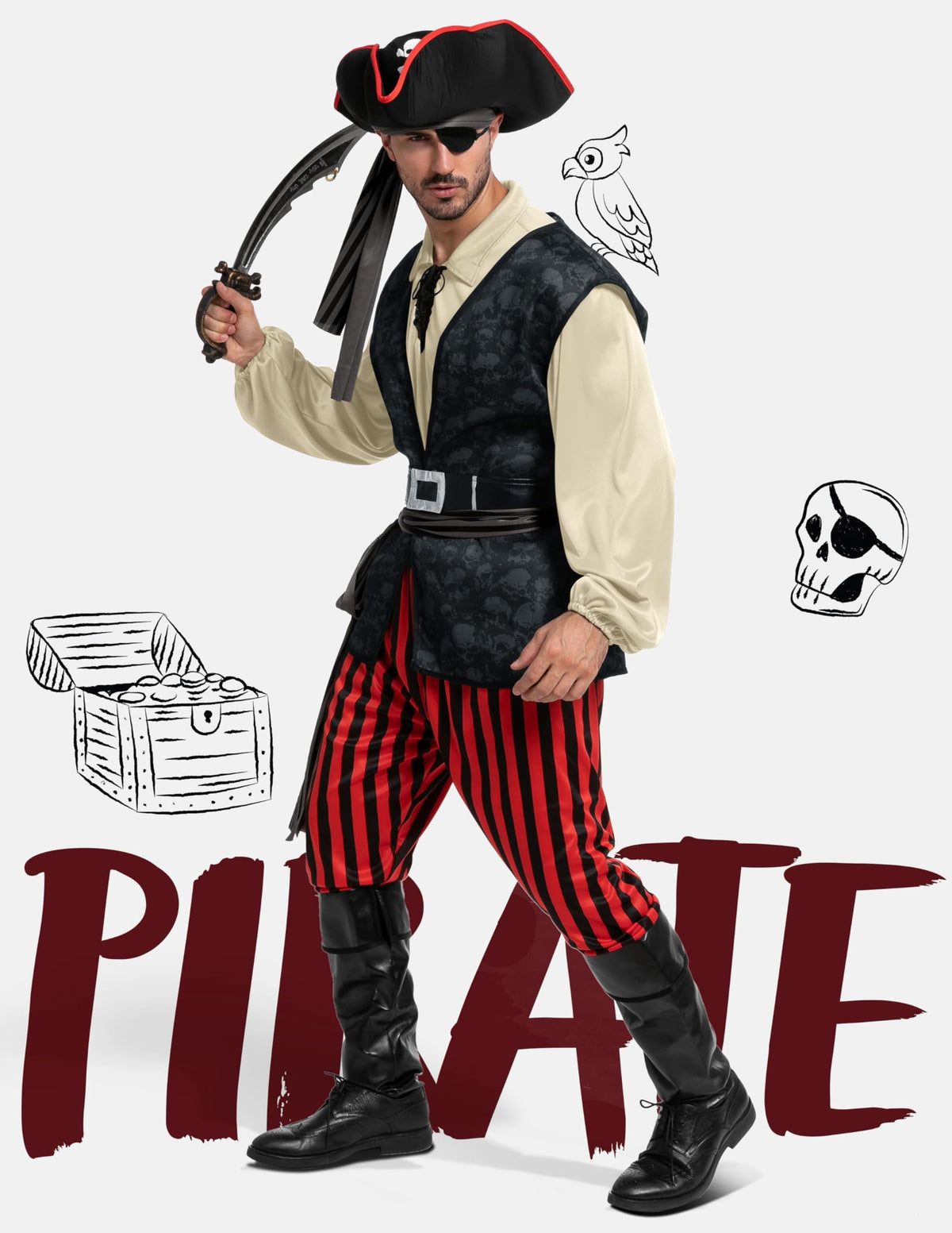 Joyfy Men Pirate Costume Plundering Sea Captain Set for Adults Halloween Themed Parties