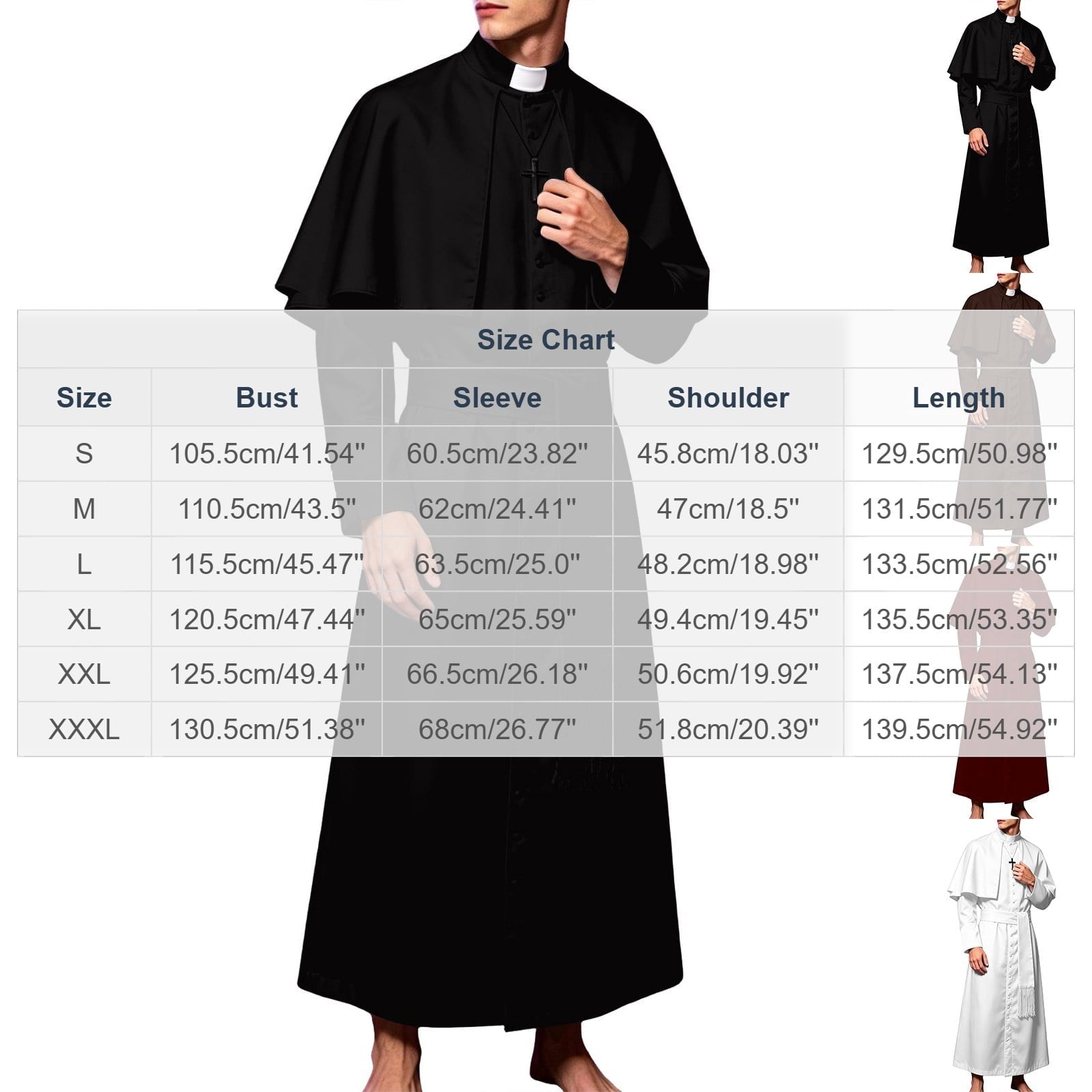 JOANKDMI Catholic Priest Costume for Men Clergy Cassock Robe with Capelet and Sash Halloween Party Outfit Religious Father Minister Fancy Dress for Men
