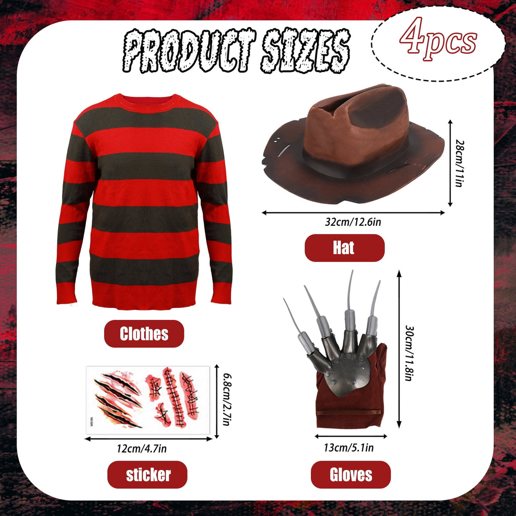 BUXULYP Halloween Killer Costume Kids Red Striped Sweater Hat Glove Claws Cosplay Outfits for Boys Girls Toddler Youth
