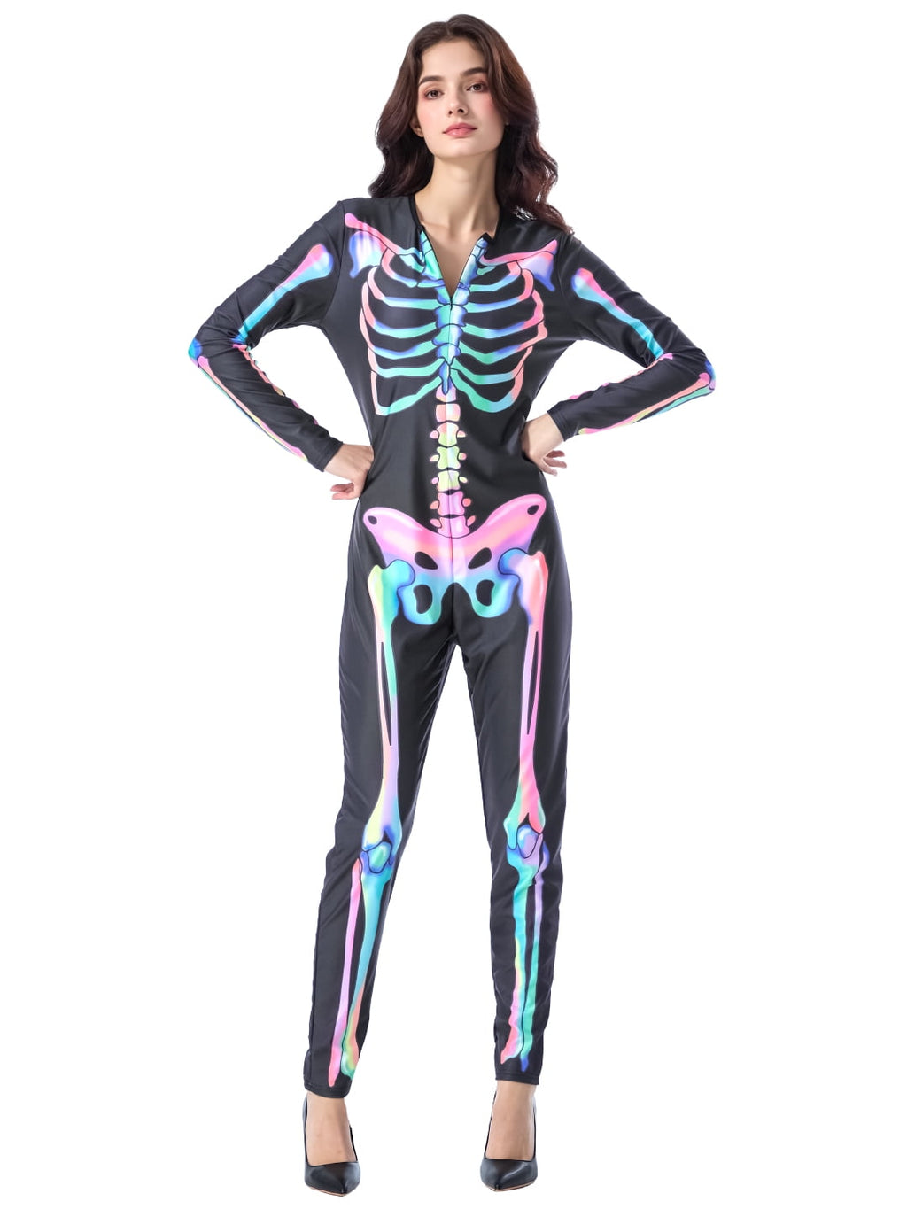 Seasons Women's Halloween Skeleton Costume, Double-Sided Colourful Pattern, Black Light Reactive