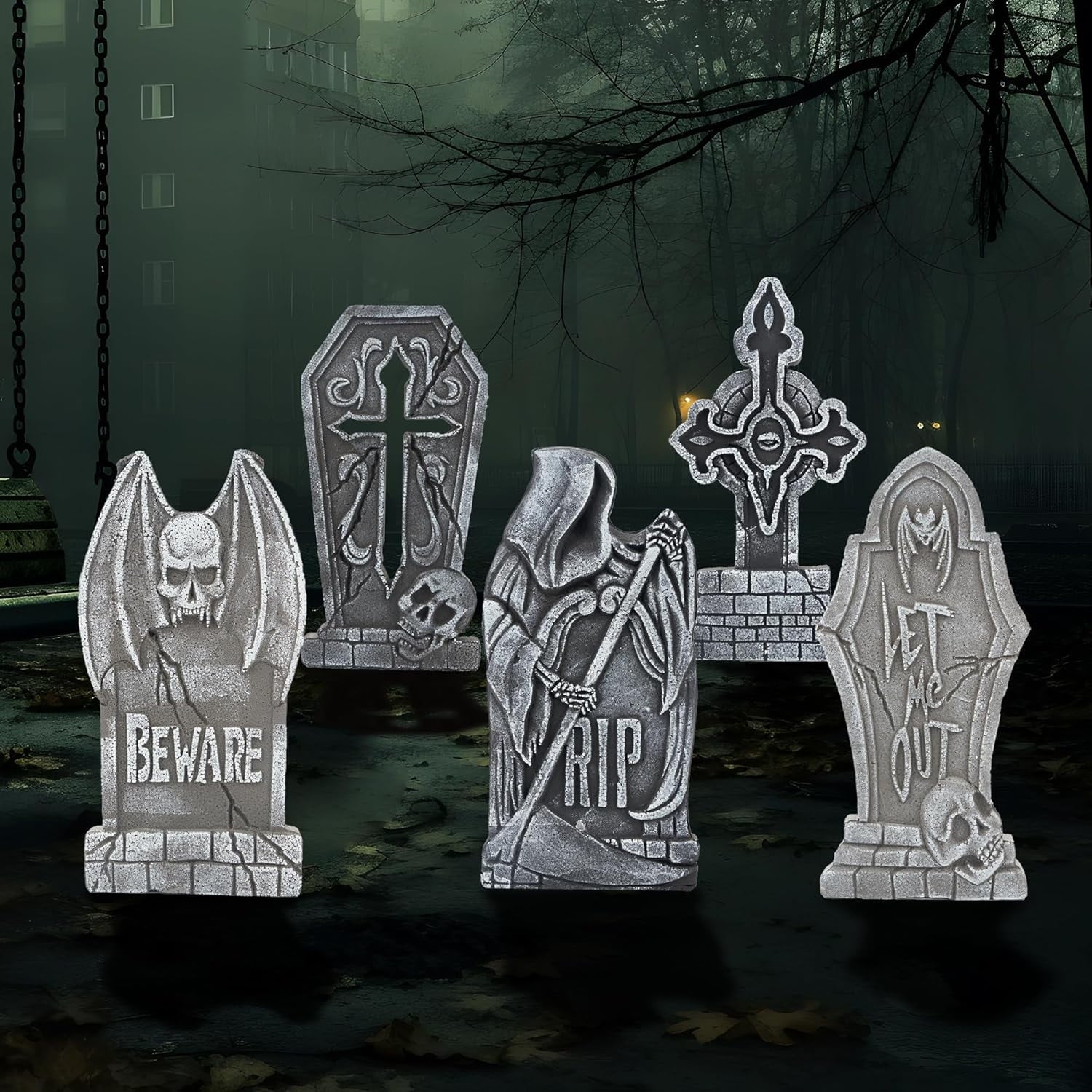 Joyfy 17" Halloween 5 Pack Tombstone Decorations, Foam RIP Graveyard Signs Cemetery Headstones Scary Outdoor Indoor Halloween Decor with 12 Metal Stakes for Easy Set Up, Waterproof for Garden Lawn
